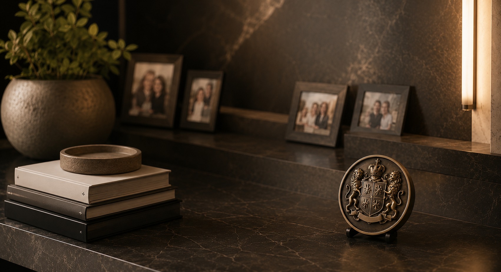 Antique leather-bound book and family crest seal on marble mantel representing the Peters family creed