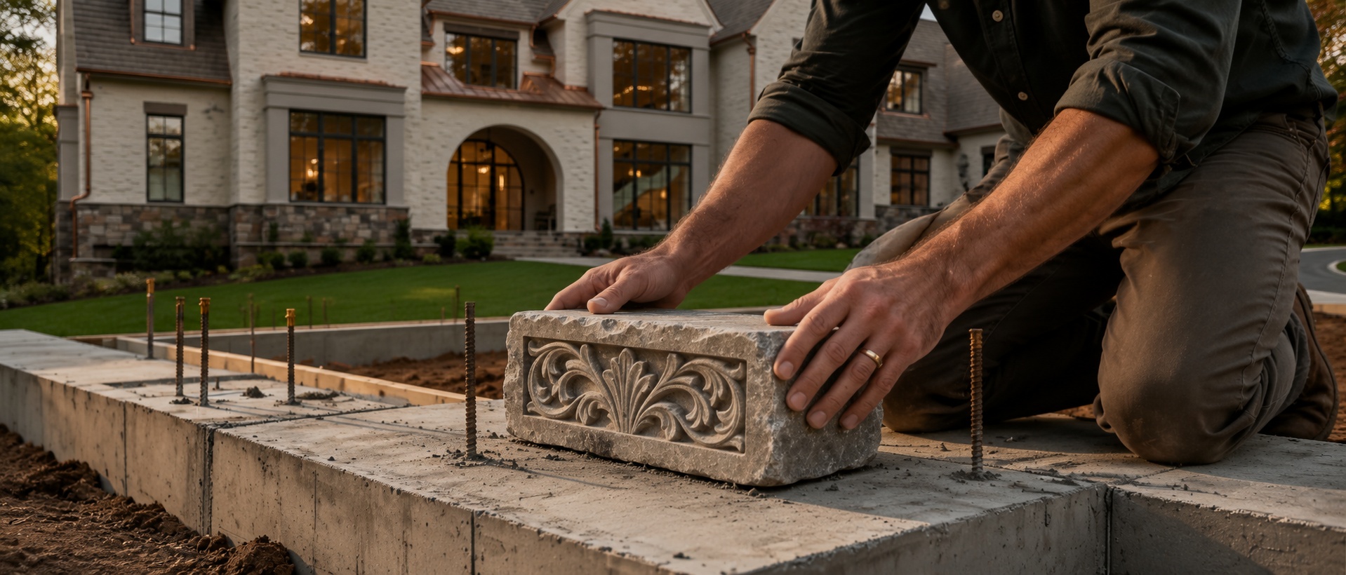 Carved cornerstone being laid in a luxury home foundation representing the Peters family values