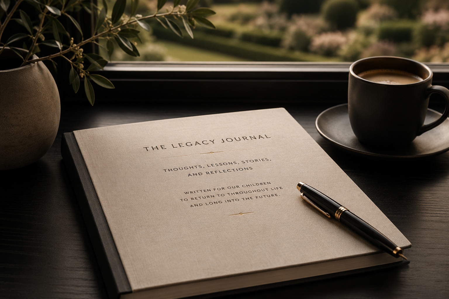 Open handwritten journal with pen and coffee on sunlit windowsill representing the Peters Legacy Journal