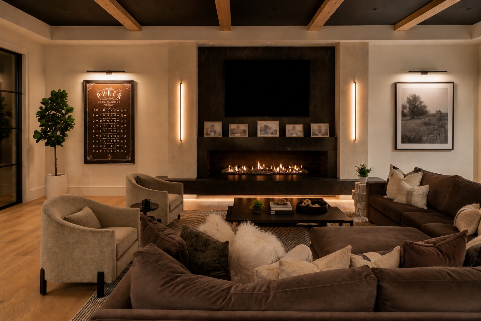 Sunlit hallway of a luxury estate with family photos representing the Peters family legacy