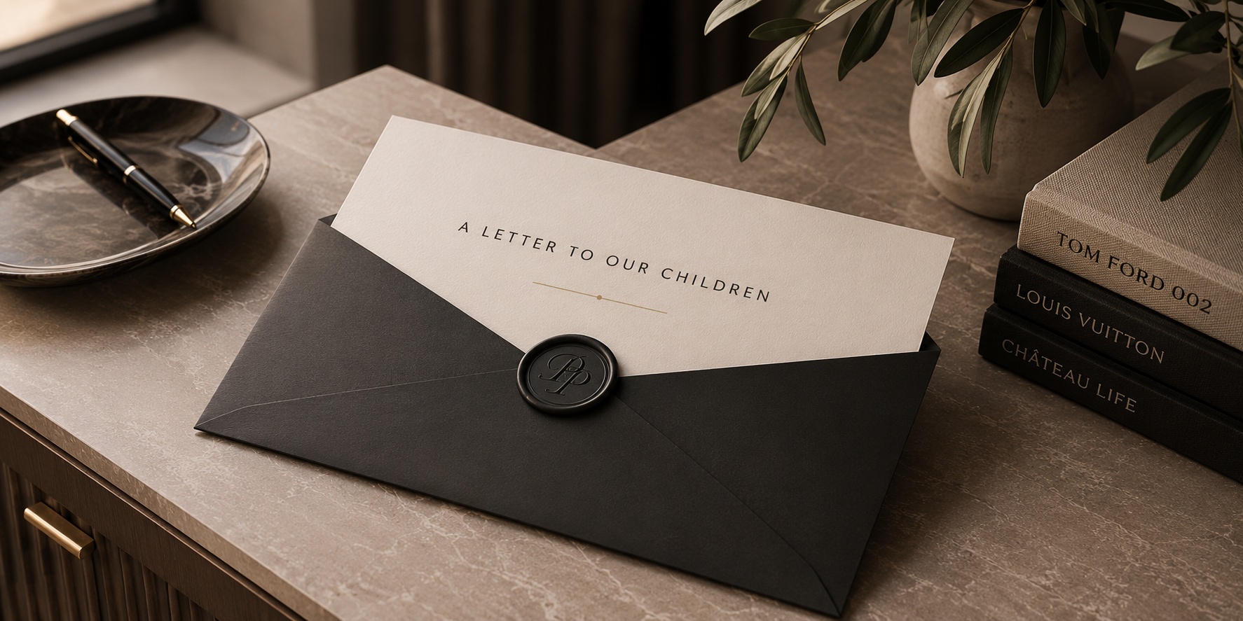 Wax-sealed envelope on vintage desk representing a public note from Nicholas and Miriam Peters
