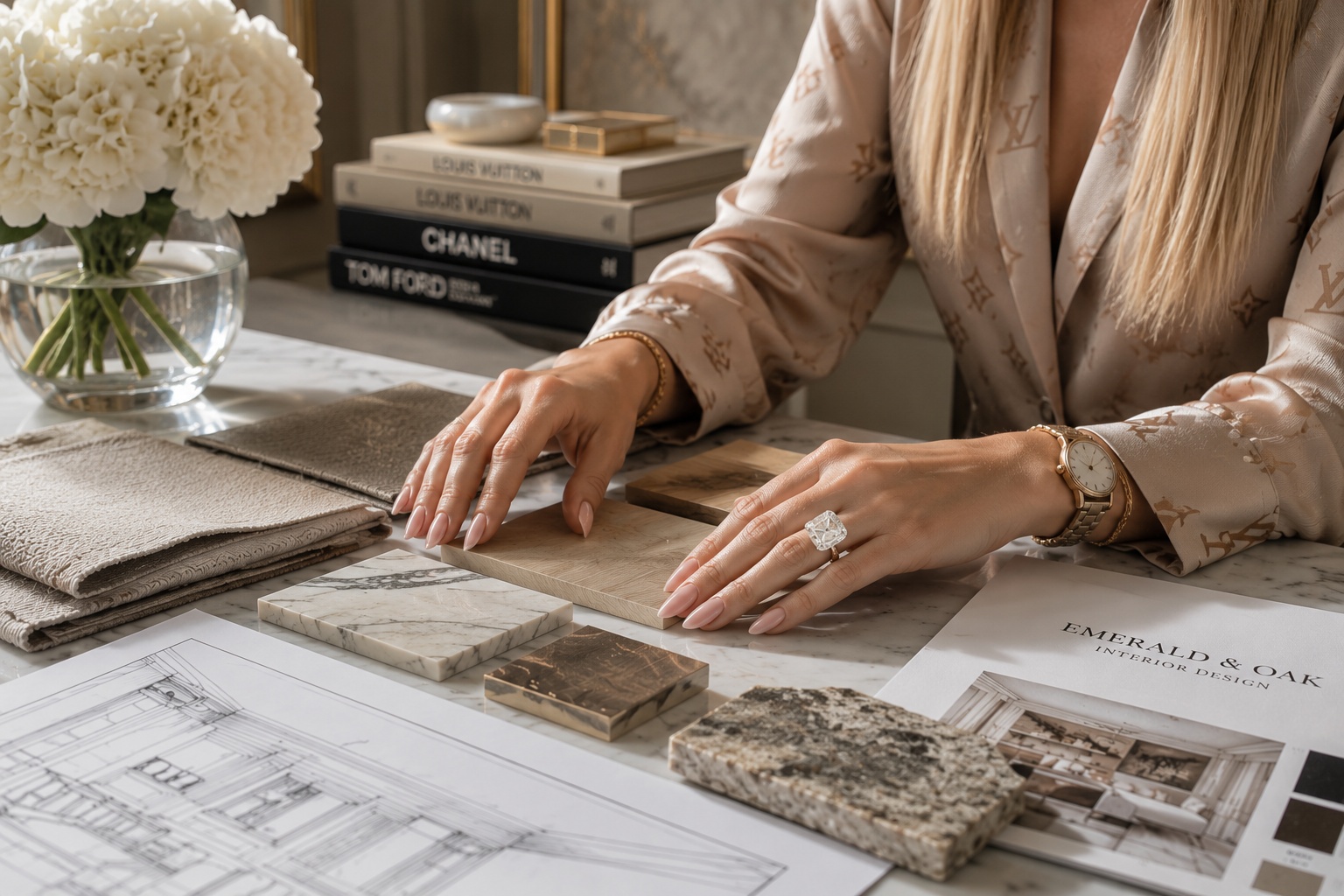 Luxury fabric swatches and peonies on marble representing Miriam Peters design aesthetic