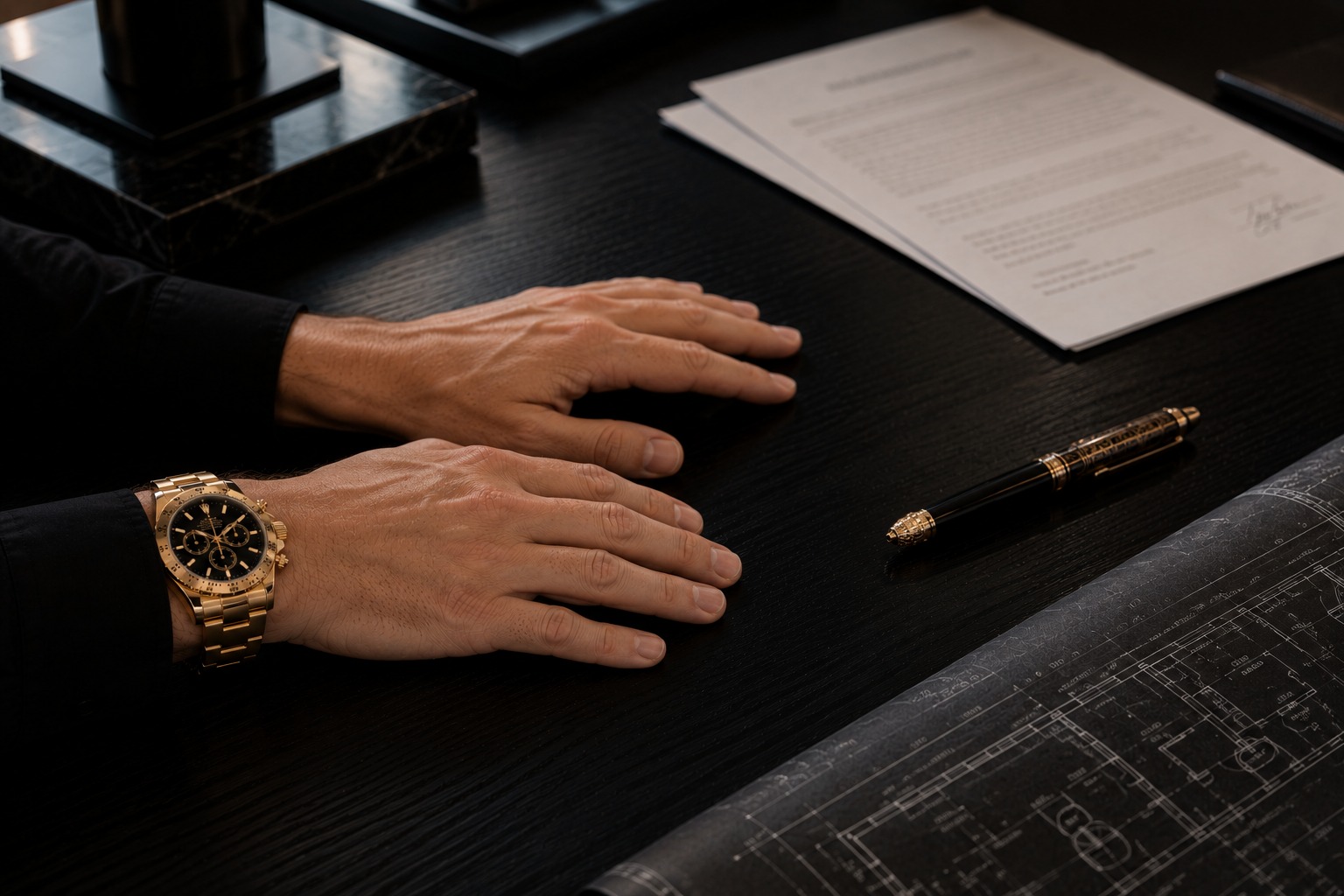 Architectural blueprints on a walnut desk representing Nicholas Peters luxury home building career